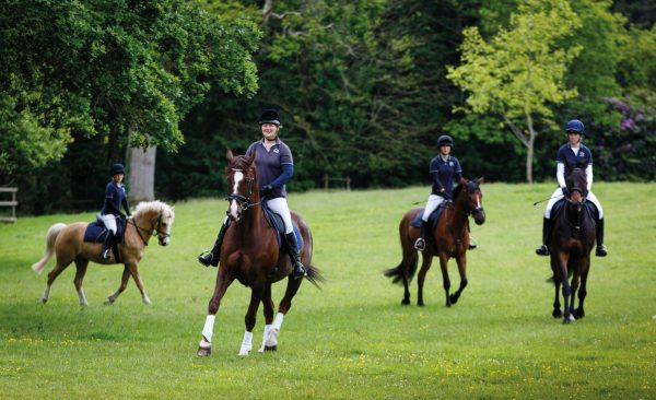 Group of equine students riding across country